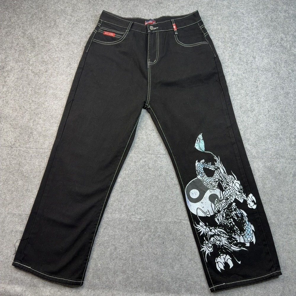 JNCO Men's Jeans Black XL Wide Leg Dragon
